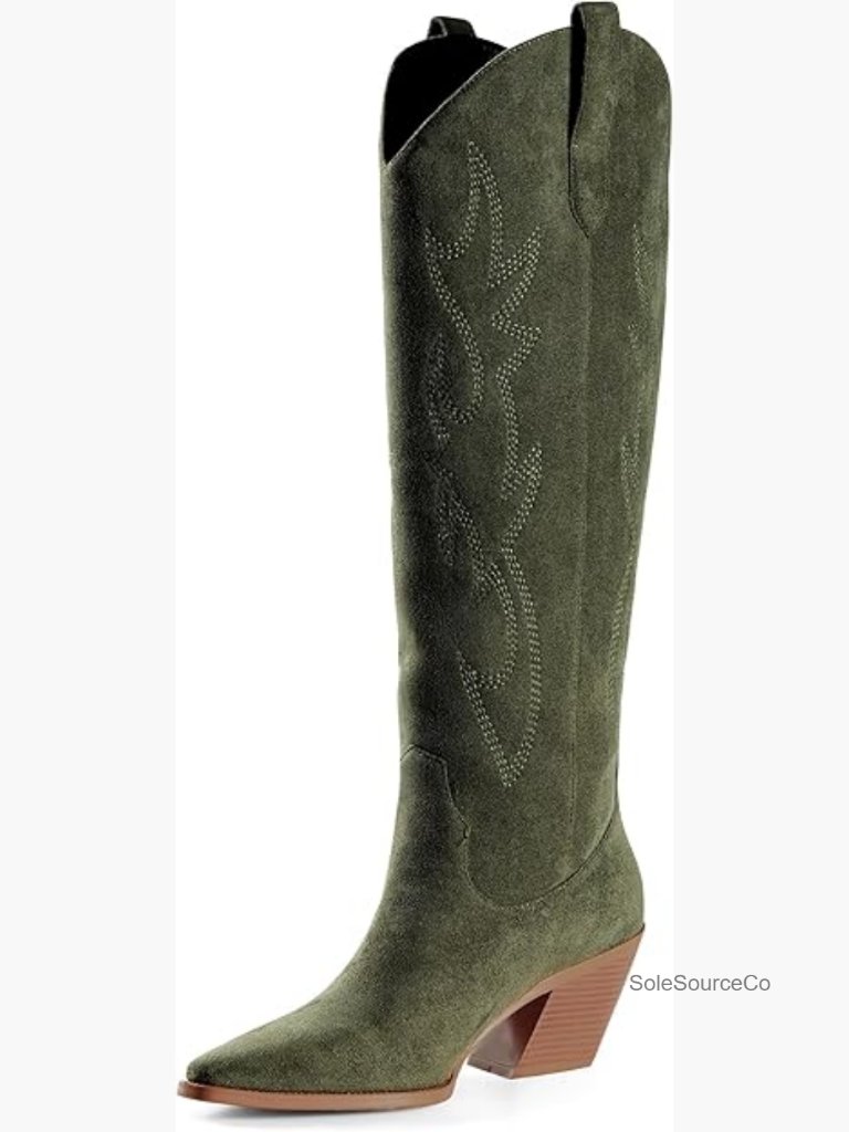 Knee High Cowboy Boots Pointed Toe Block Heel Suede Embroidered